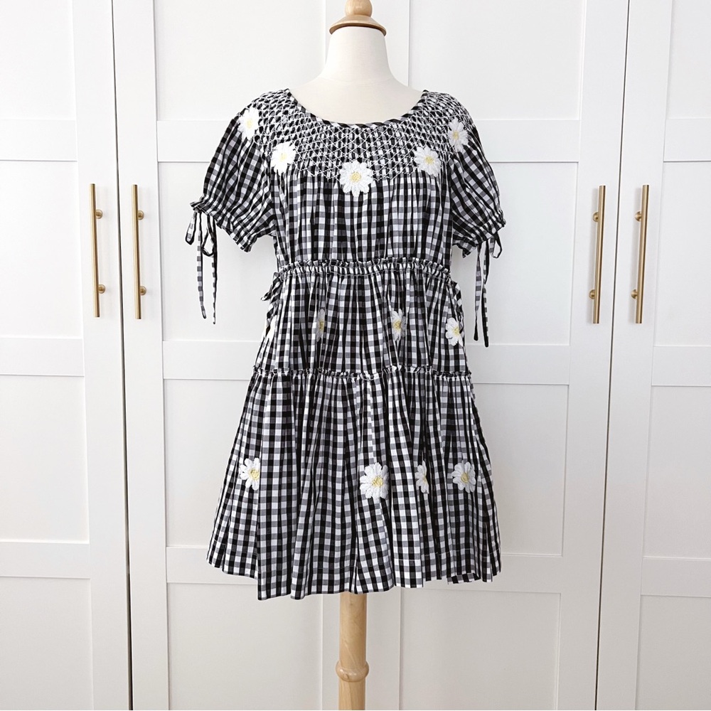 Innika Choo Black and White Gingham Dress with Embroidered Daisies